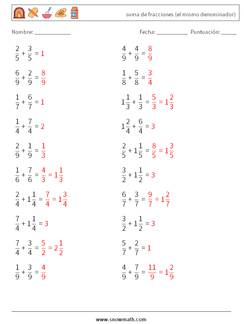 (20) suma de fracciones (el mismo denominador) Hojas de trabajo de matemáticas 16 Pregunta, respuesta