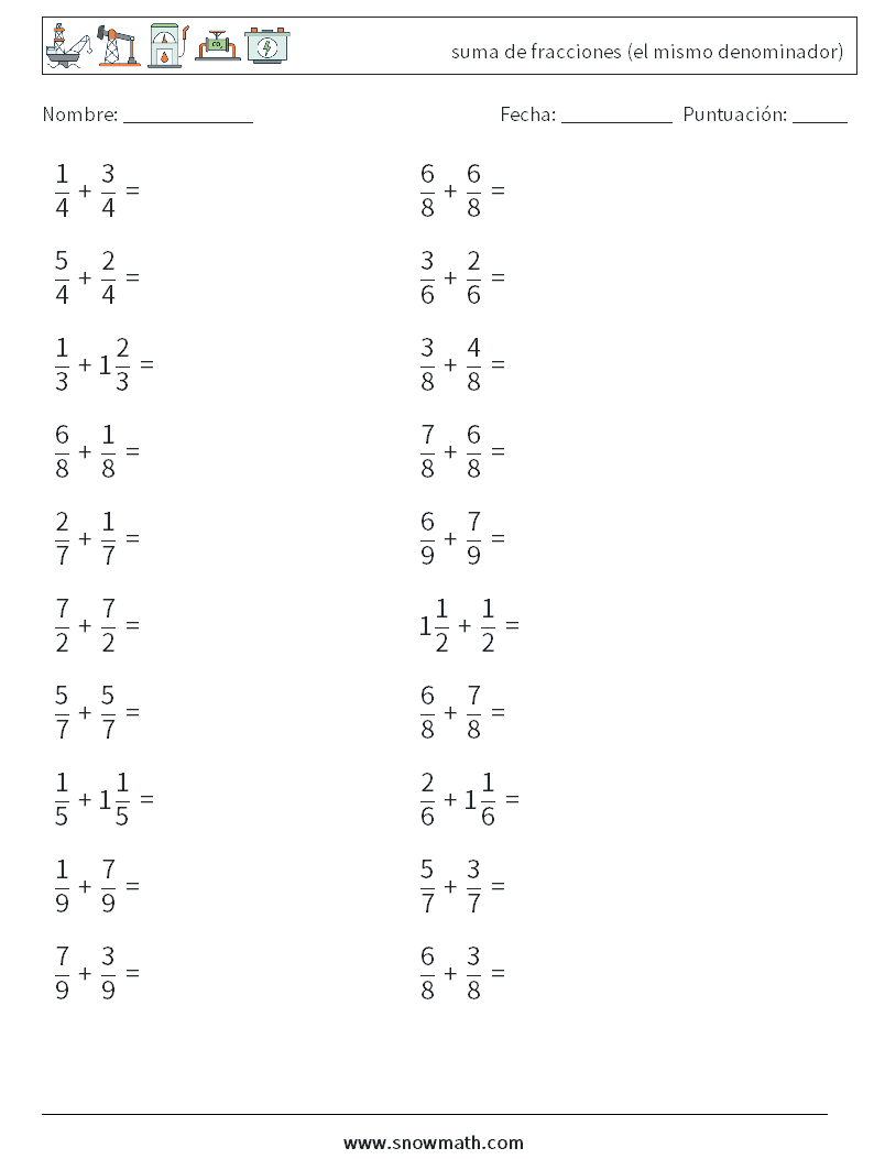 (20) suma de fracciones (el mismo denominador) Hojas de trabajo de matemáticas 17