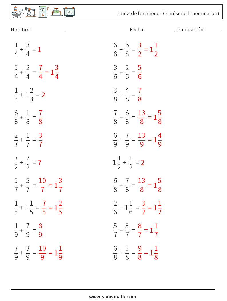 (20) suma de fracciones (el mismo denominador) Hojas de trabajo de matemáticas 17 Pregunta, respuesta