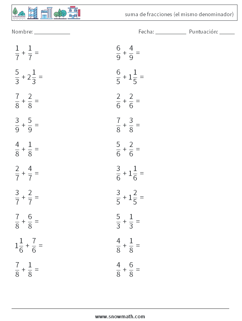 (20) suma de fracciones (el mismo denominador) Hojas de trabajo de matemáticas 18