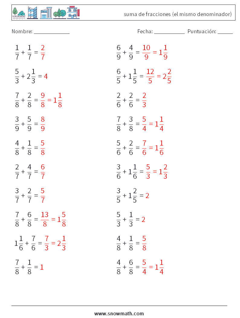 (20) suma de fracciones (el mismo denominador) Hojas de trabajo de matemáticas 18 Pregunta, respuesta