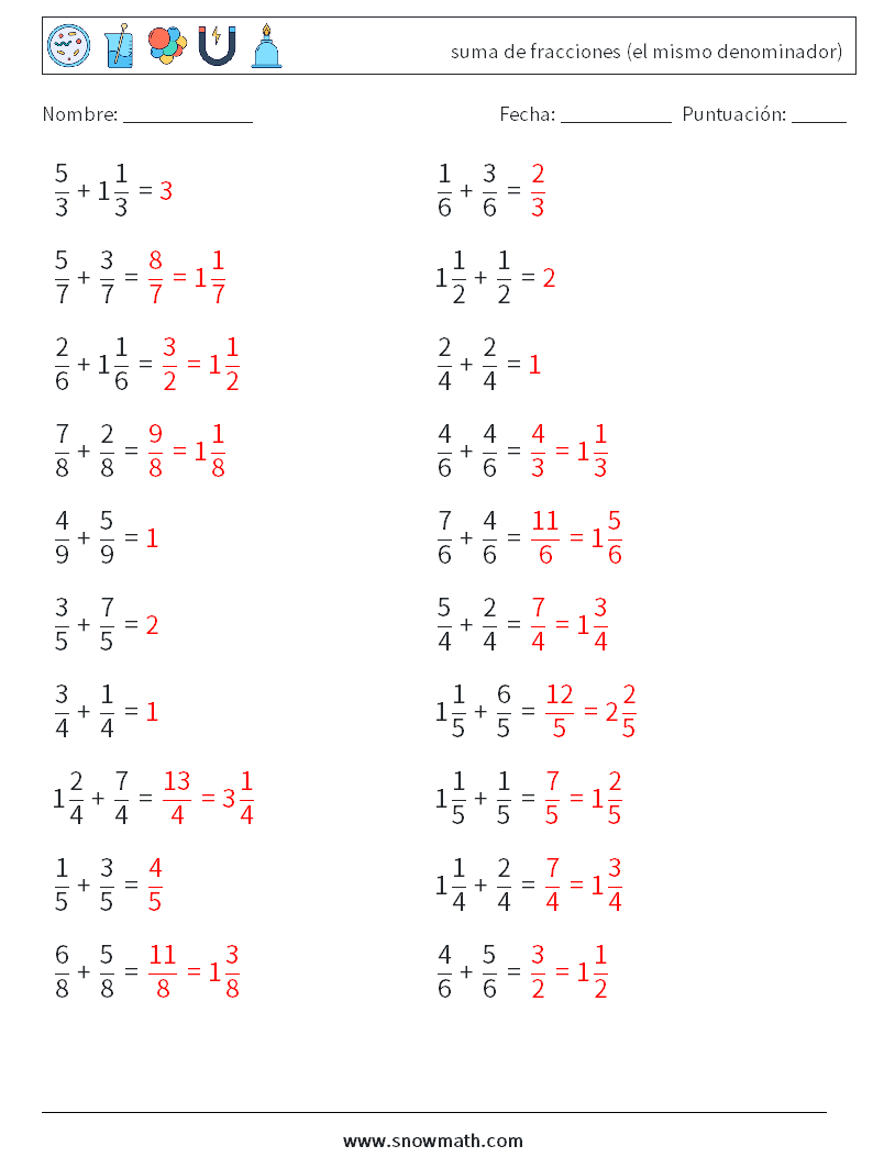 (20) suma de fracciones (el mismo denominador) Hojas de trabajo de matemáticas 1 Pregunta, respuesta