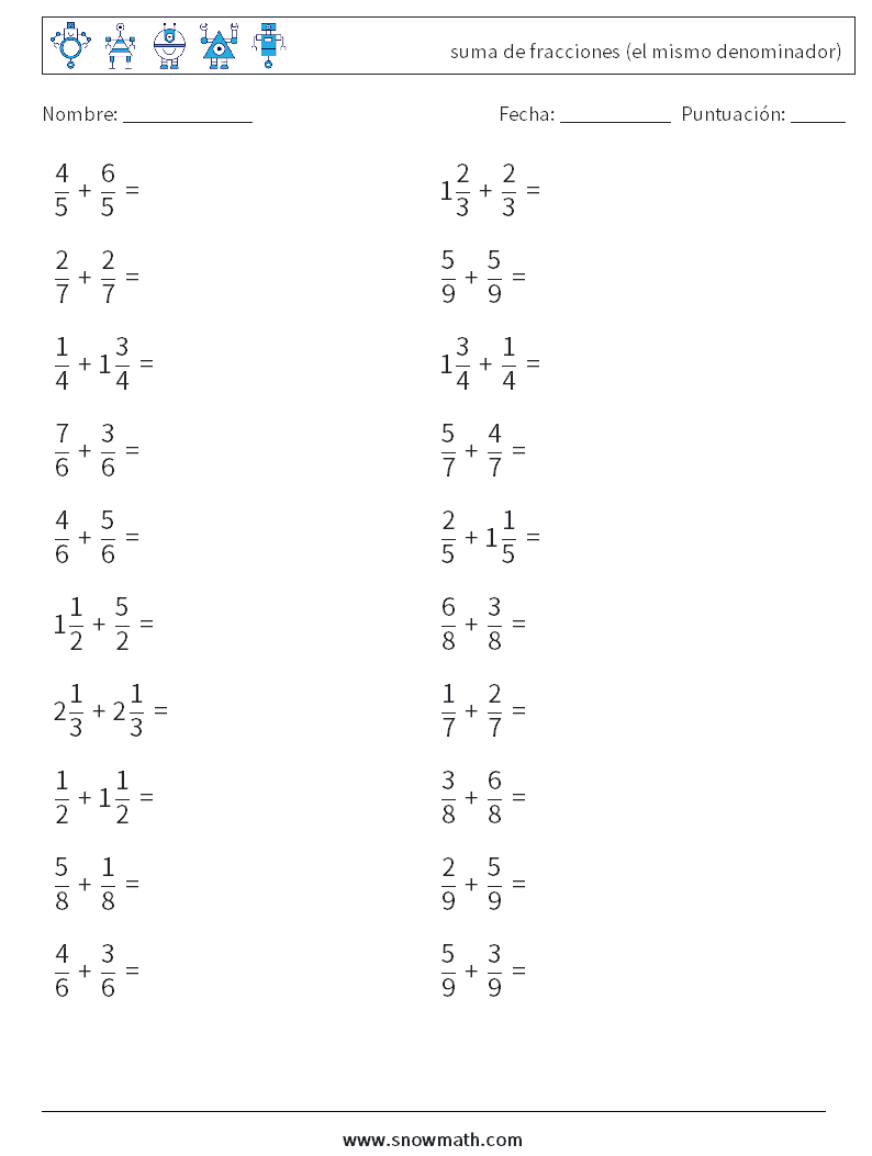 (20) suma de fracciones (el mismo denominador) Hojas de trabajo de matemáticas 2
