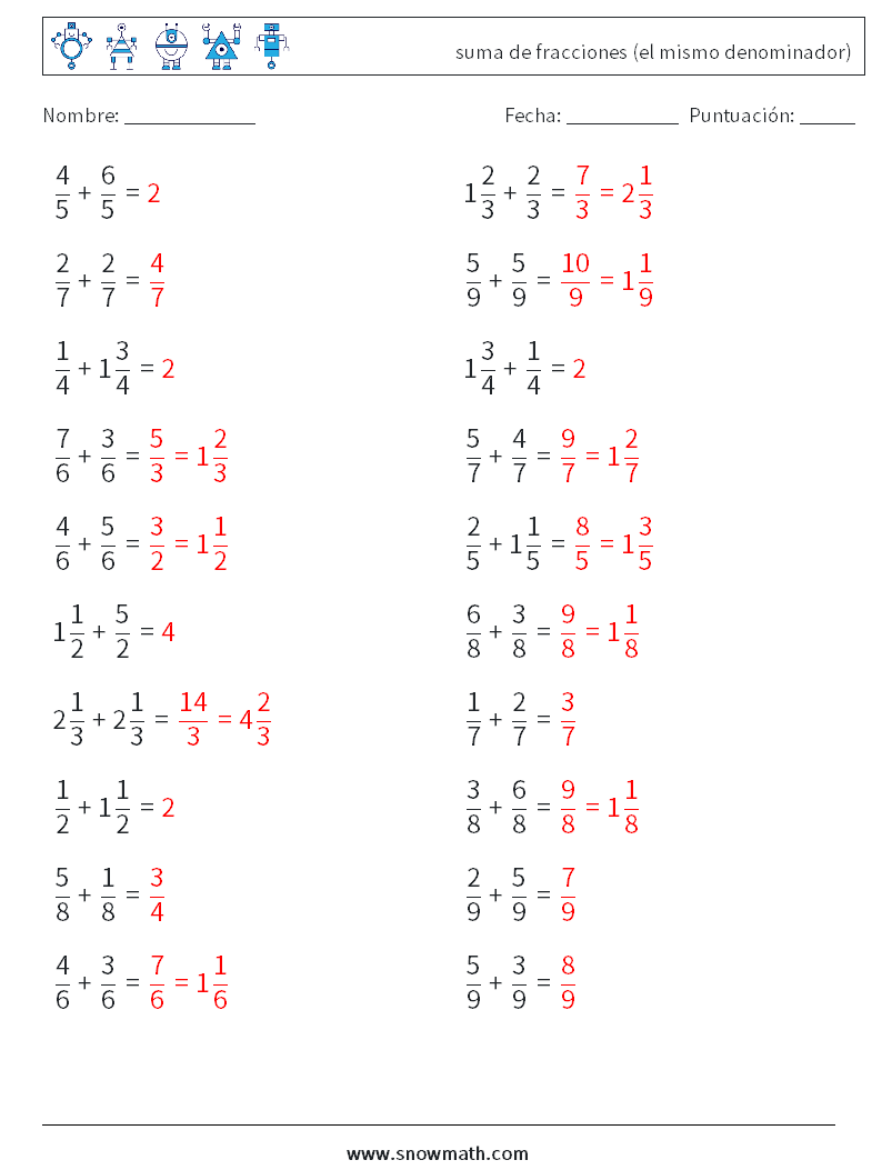 (20) suma de fracciones (el mismo denominador) Hojas de trabajo de matemáticas 2 Pregunta, respuesta