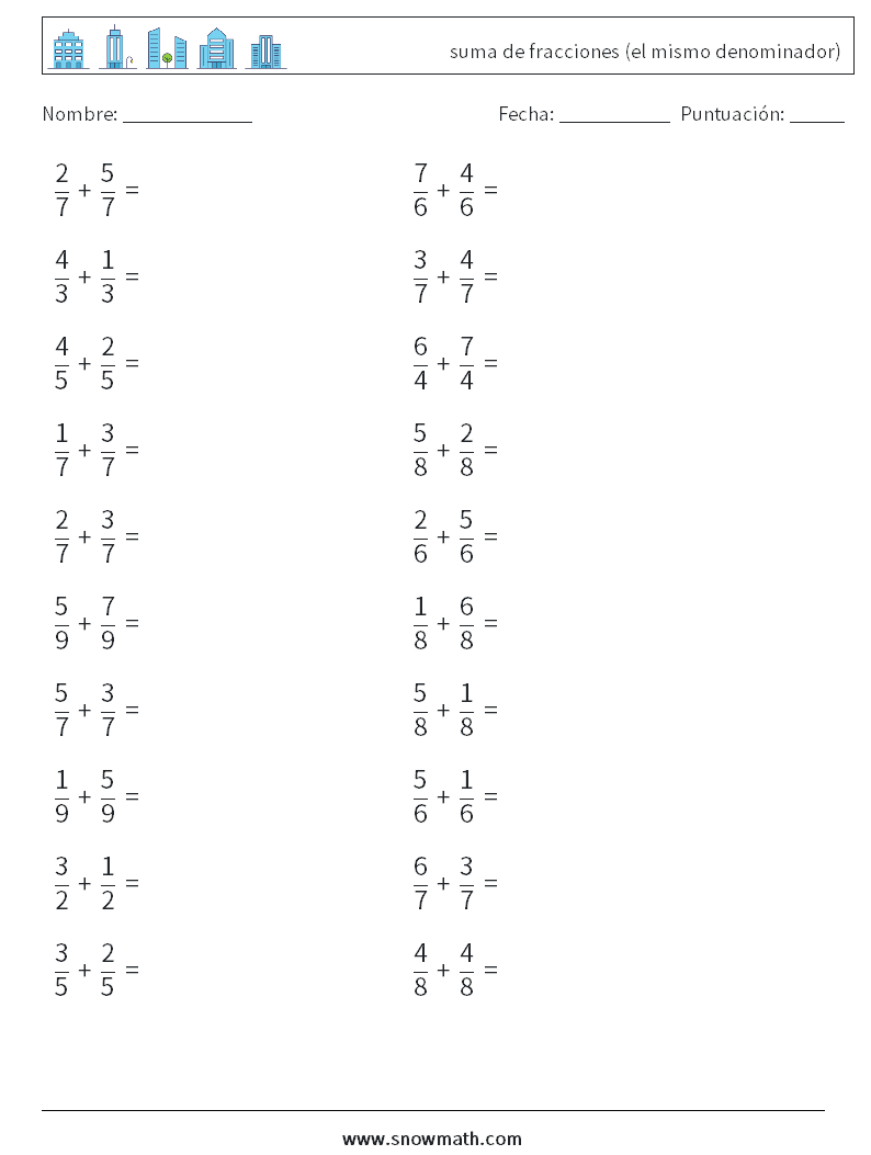 (20) suma de fracciones (el mismo denominador) Hojas de trabajo de matemáticas 3