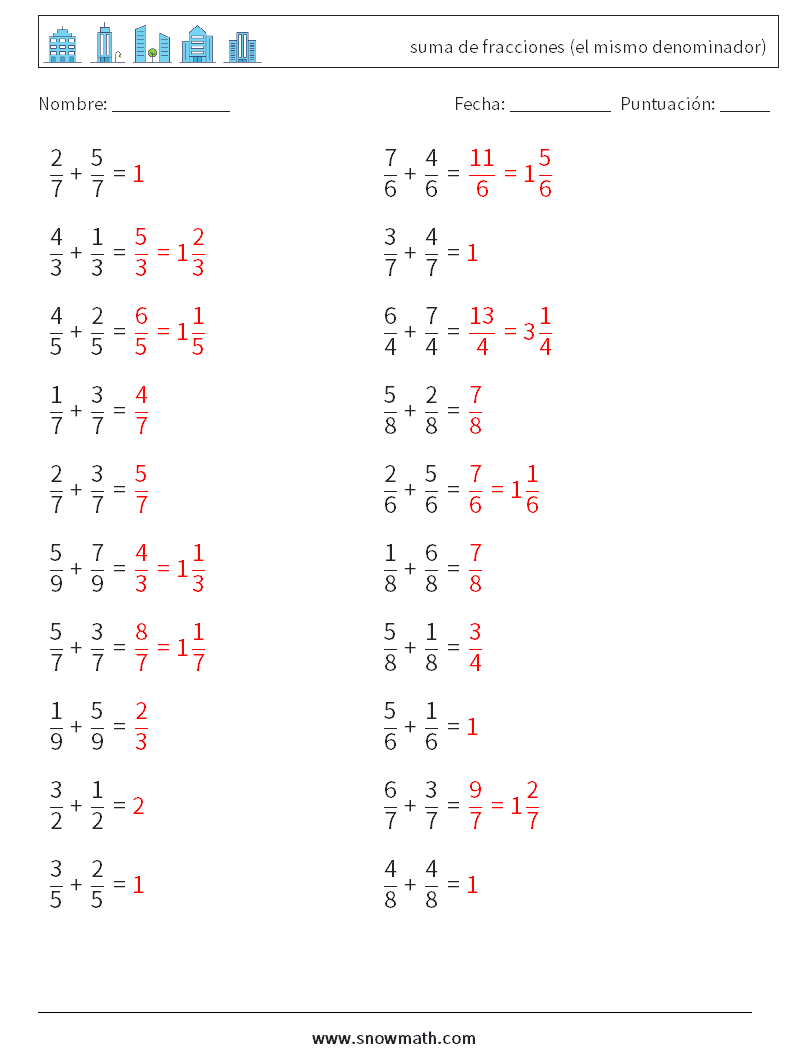 (20) suma de fracciones (el mismo denominador) Hojas de trabajo de matemáticas 3 Pregunta, respuesta