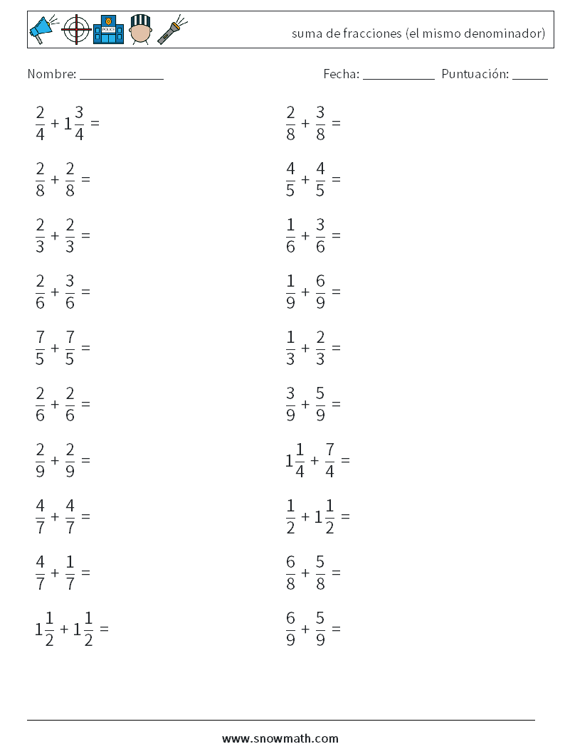 (20) suma de fracciones (el mismo denominador) Hojas de trabajo de matemáticas 4