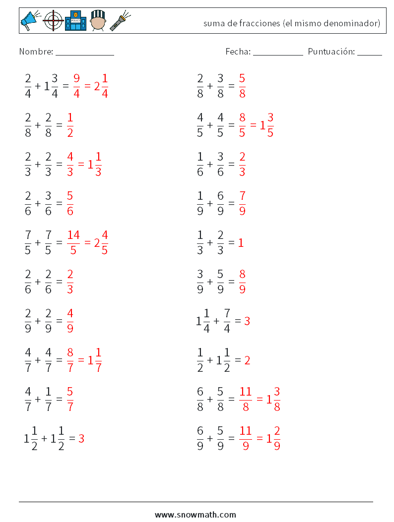 (20) suma de fracciones (el mismo denominador) Hojas de trabajo de matemáticas 4 Pregunta, respuesta