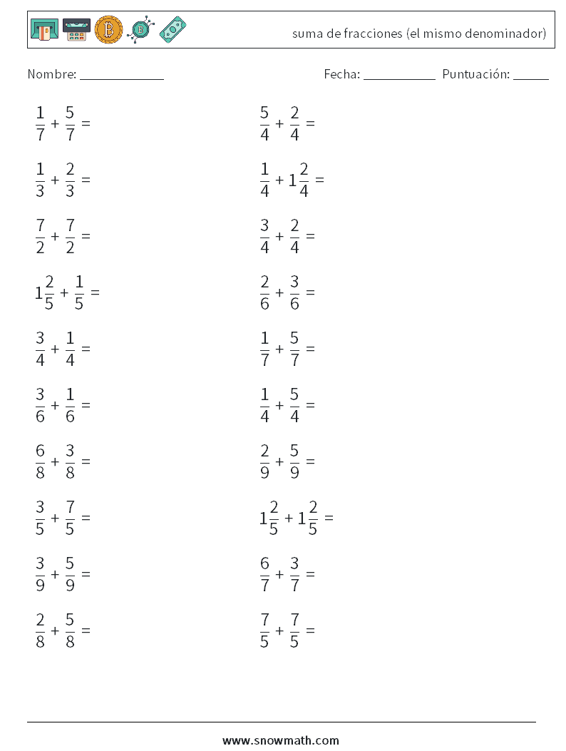 (20) suma de fracciones (el mismo denominador) Hojas de trabajo de matemáticas 5