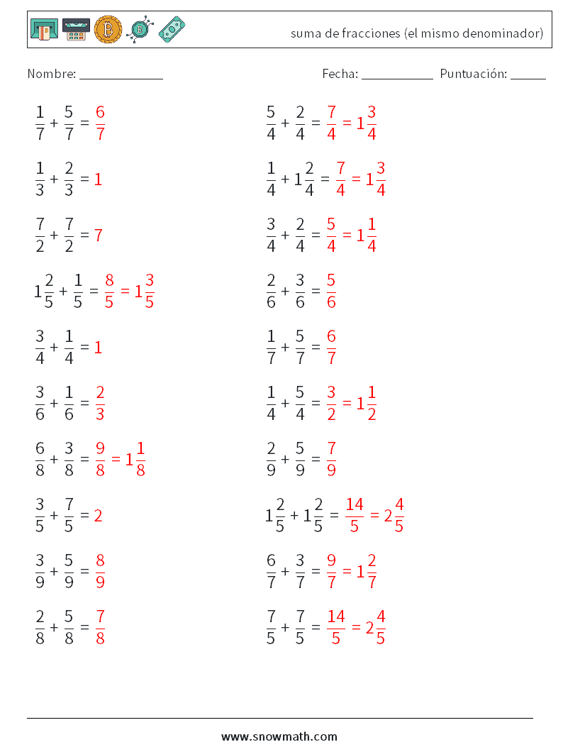 (20) suma de fracciones (el mismo denominador) Hojas de trabajo de matemáticas 5 Pregunta, respuesta