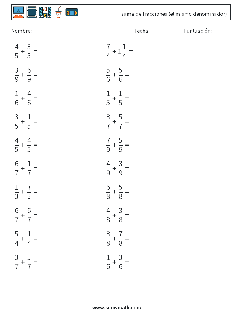 (20) suma de fracciones (el mismo denominador) Hojas de trabajo de matemáticas 6