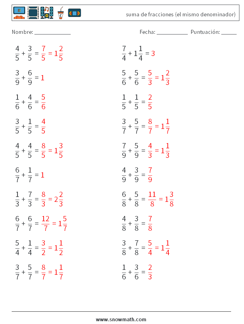 (20) suma de fracciones (el mismo denominador) Hojas de trabajo de matemáticas 6 Pregunta, respuesta
