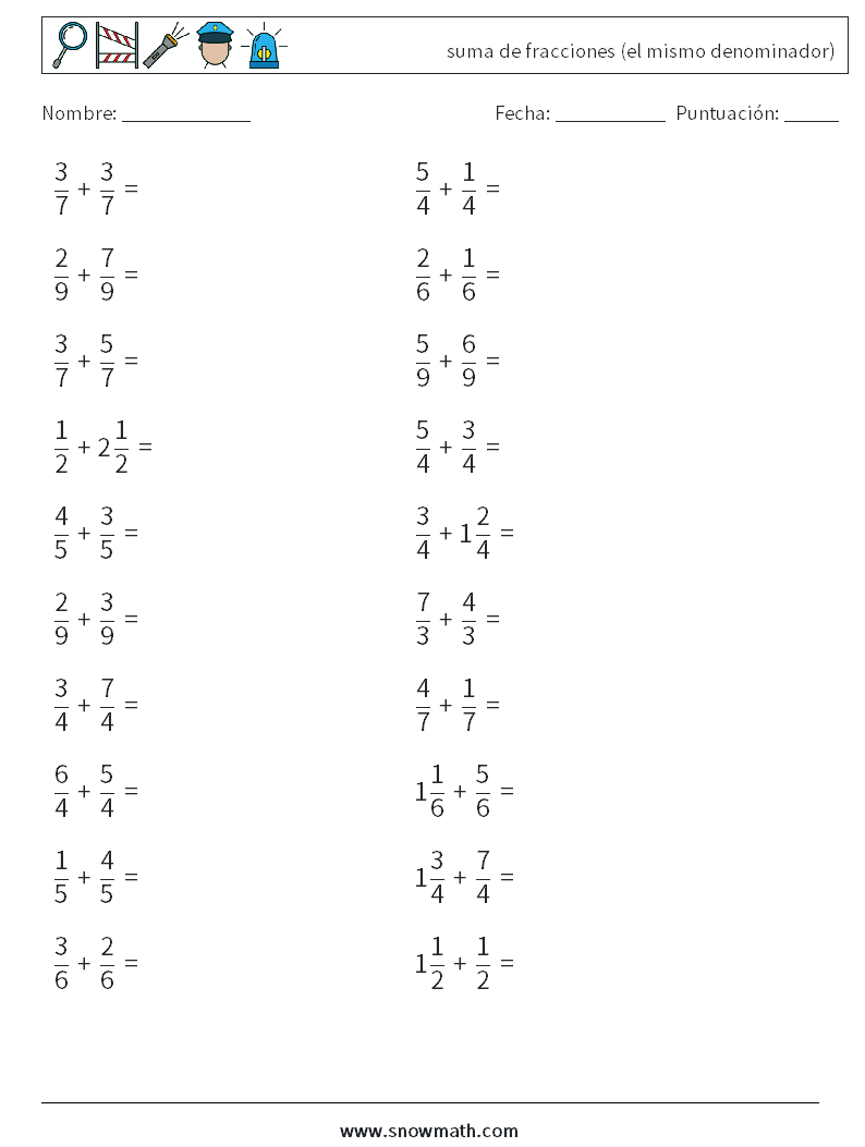(20) suma de fracciones (el mismo denominador) Hojas de trabajo de matemáticas 7
