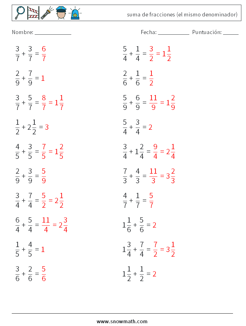 (20) suma de fracciones (el mismo denominador) Hojas de trabajo de matemáticas 7 Pregunta, respuesta