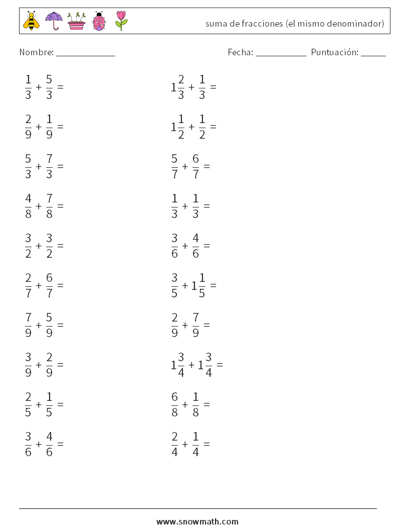 (20) suma de fracciones (el mismo denominador) Hojas de trabajo de matemáticas 8