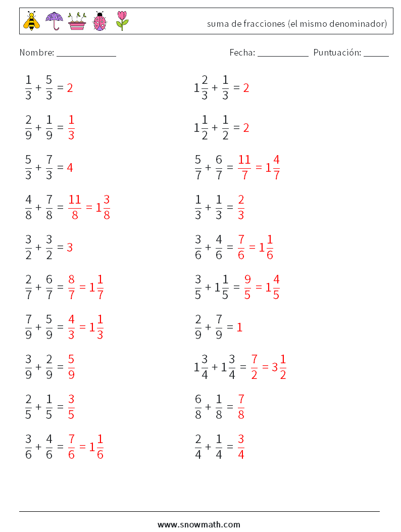 (20) suma de fracciones (el mismo denominador) Hojas de trabajo de matemáticas 8 Pregunta, respuesta