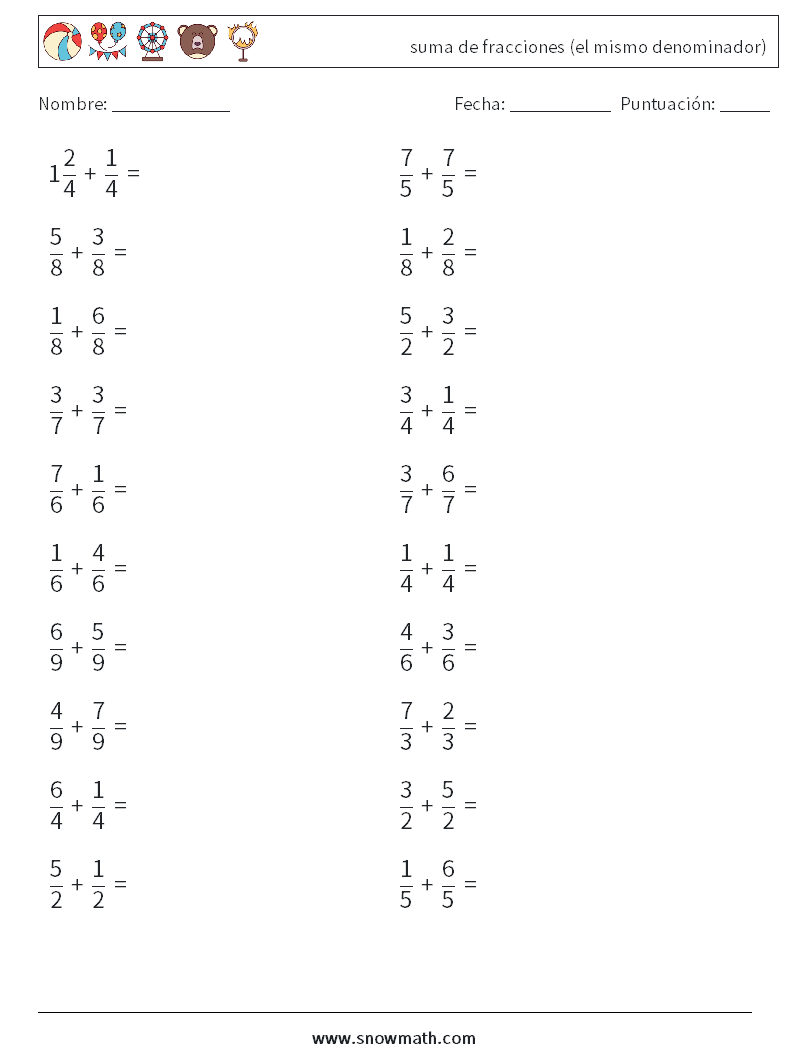 (20) suma de fracciones (el mismo denominador) Hojas de trabajo de matemáticas 9