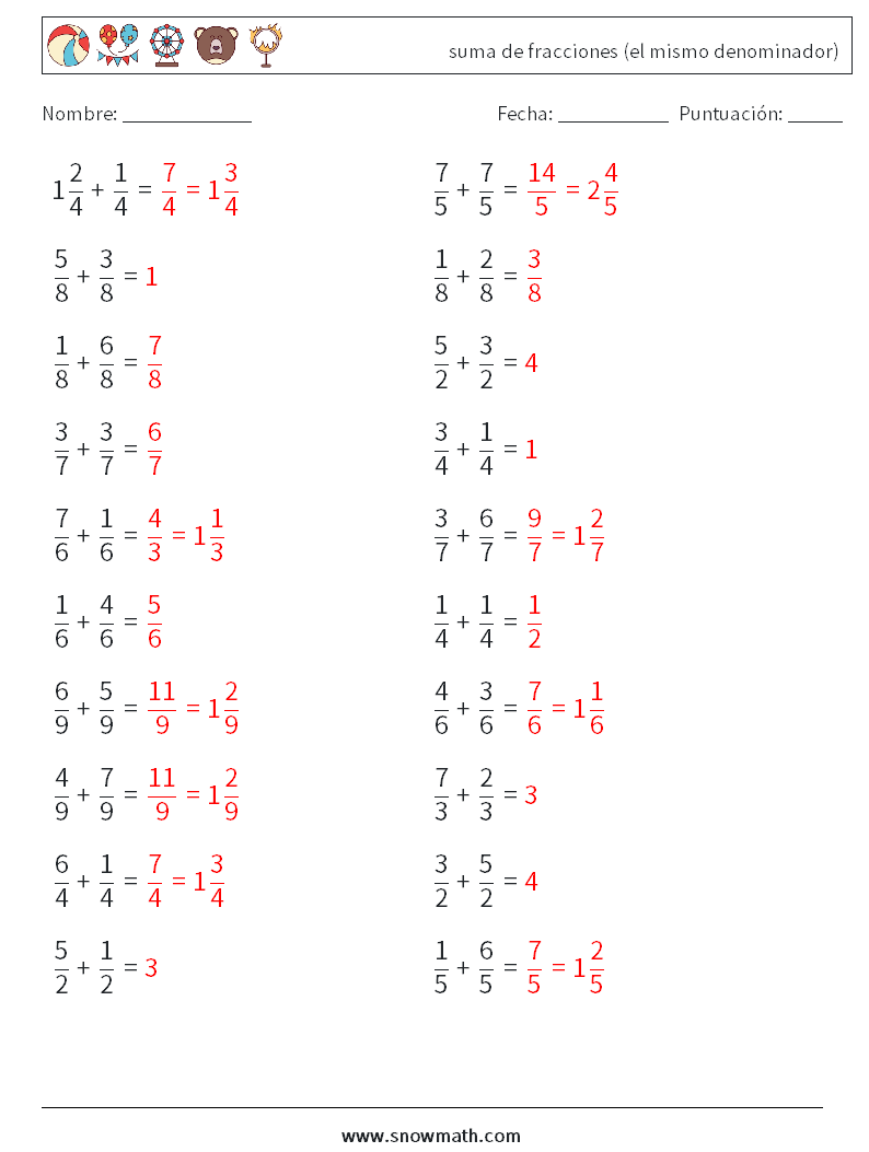 (20) suma de fracciones (el mismo denominador) Hojas de trabajo de matemáticas 9 Pregunta, respuesta