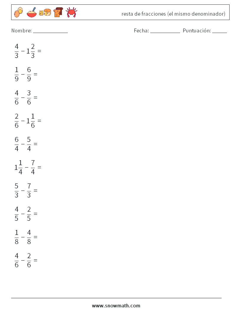 (10) resta de fracciones (el mismo denominador) Hojas de trabajo de matemáticas 1