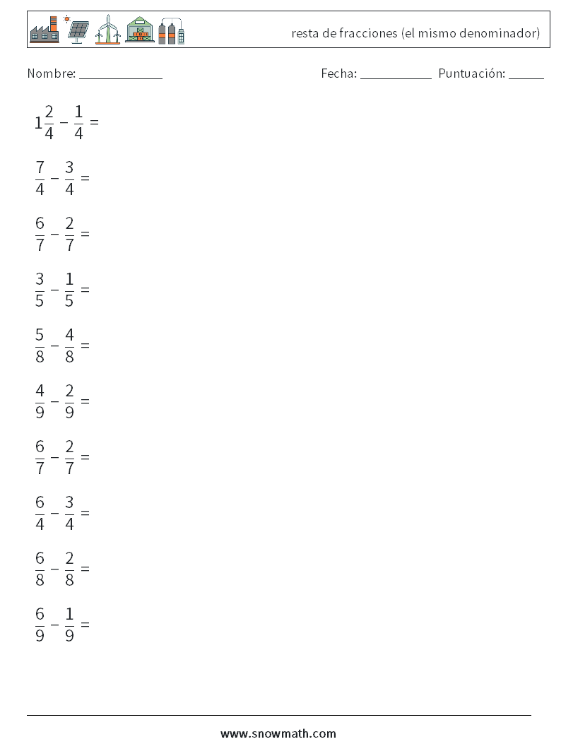 (10) resta de fracciones (el mismo denominador) Hojas de trabajo de matemáticas 10