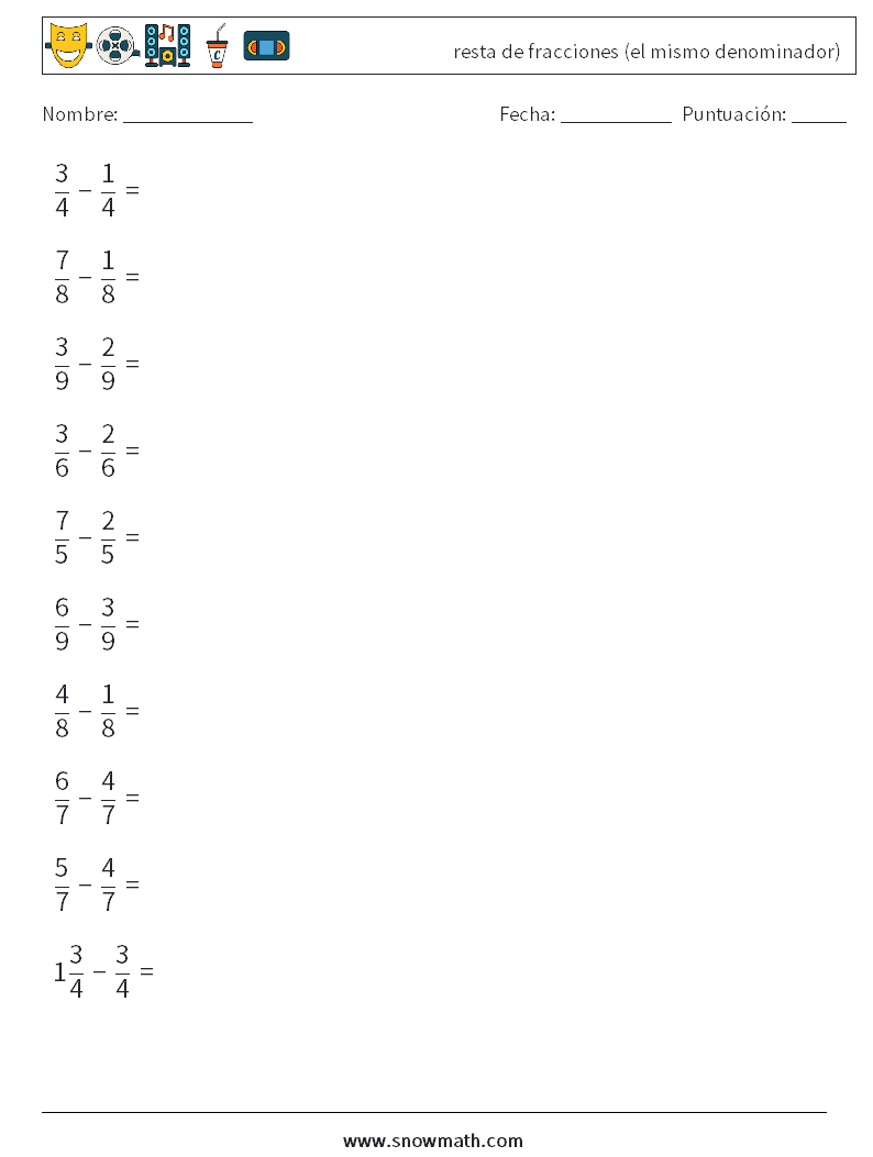 (10) resta de fracciones (el mismo denominador) Hojas de trabajo de matemáticas 4