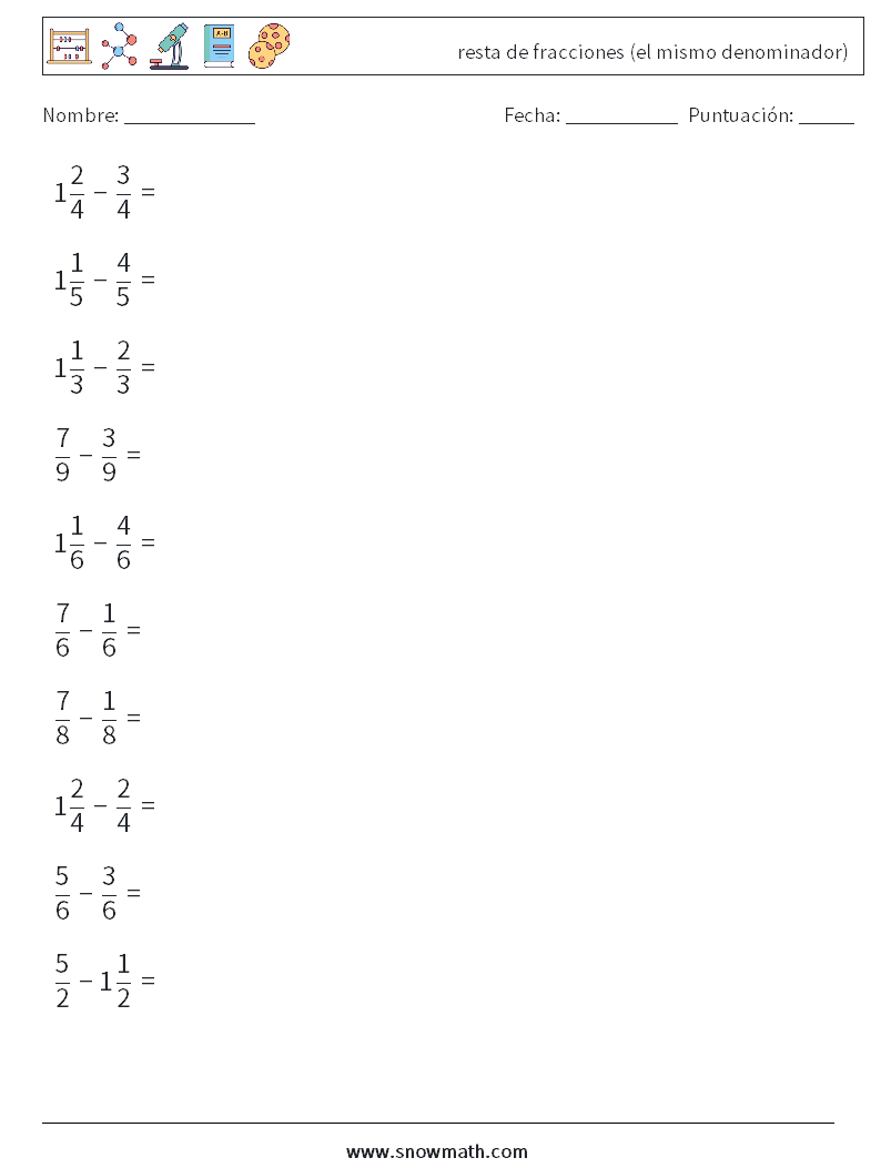 (10) resta de fracciones (el mismo denominador) Hojas de trabajo de matemáticas 6