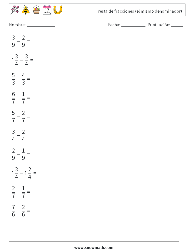 (10) resta de fracciones (el mismo denominador) Hojas de trabajo de matemáticas 7