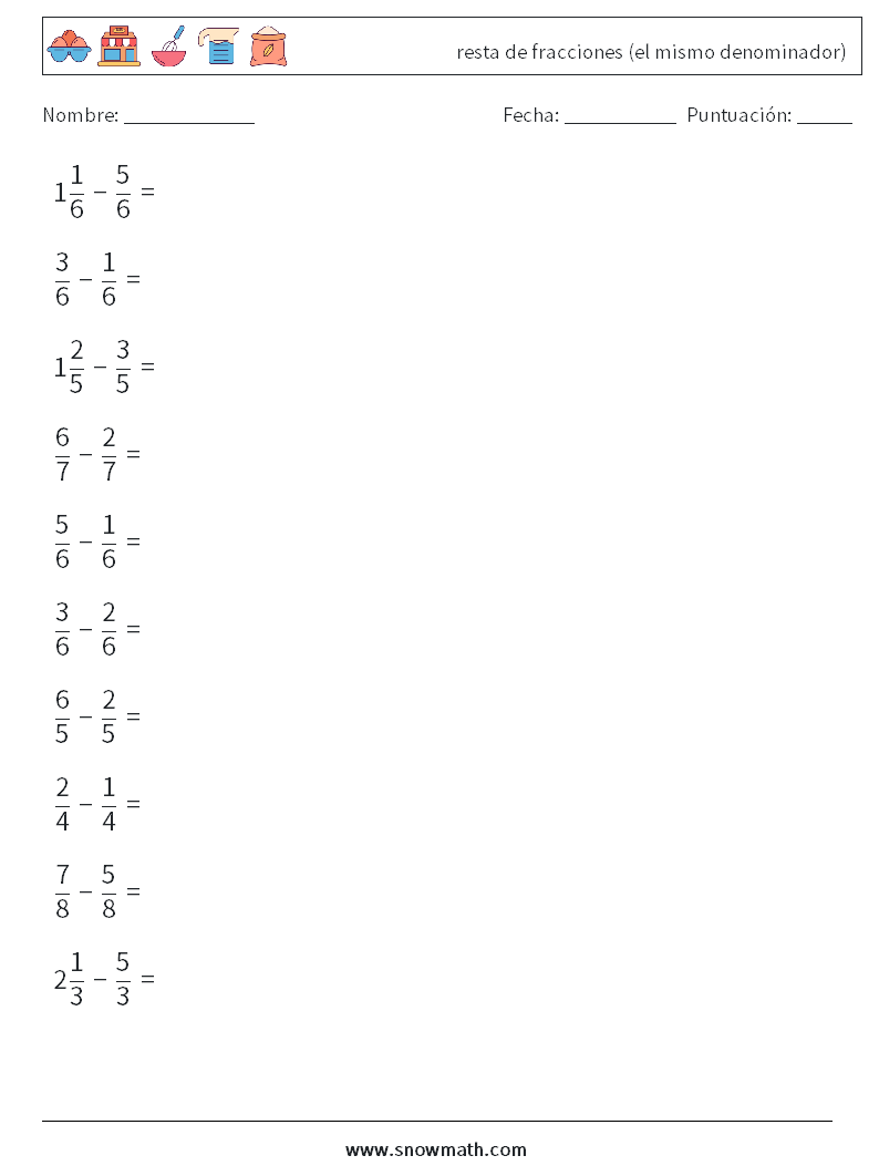 (10) resta de fracciones (el mismo denominador) Hojas de trabajo de matemáticas 8
