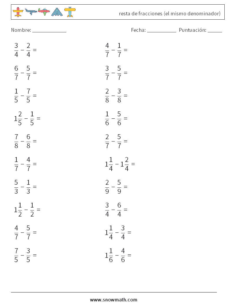 (20) resta de fracciones (el mismo denominador) Hojas de trabajo de matemáticas 1