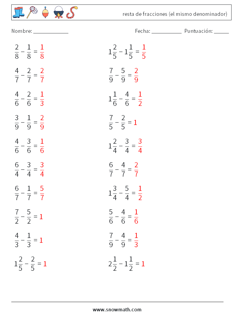 (20) resta de fracciones (el mismo denominador) Hojas de trabajo de matemáticas 8 Pregunta, respuesta