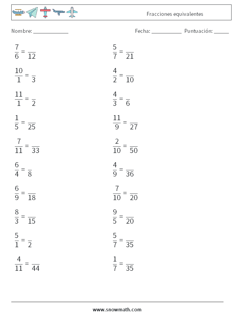 (20) Fracciones equivalentes Hojas de trabajo de matemáticas 1