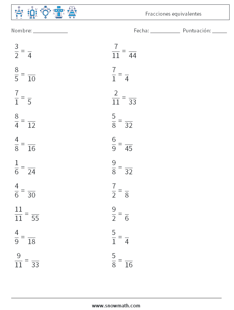 (20) Fracciones equivalentes Hojas de trabajo de matemáticas 9