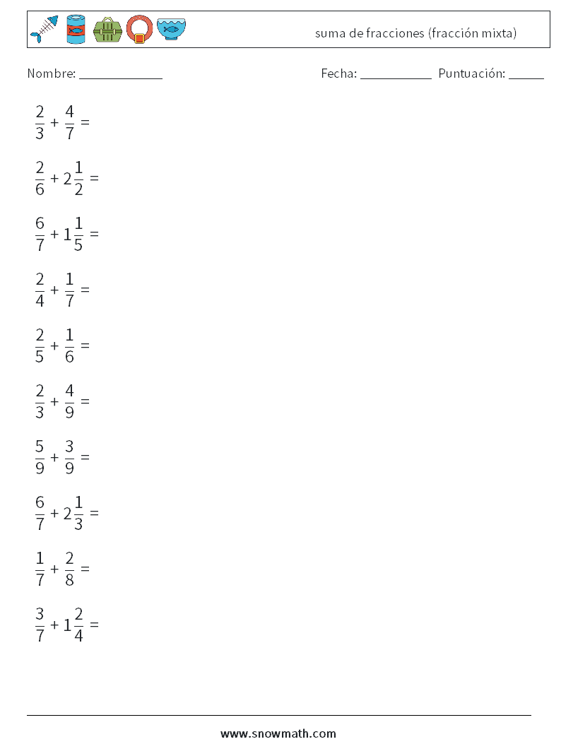 (10) suma de fracciones (fracción mixta) Hojas de trabajo de matemáticas 11