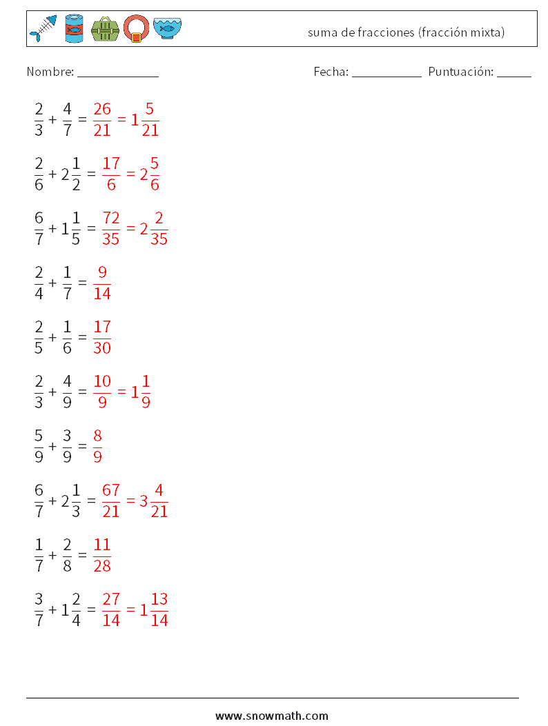 (10) suma de fracciones (fracción mixta) Hojas de trabajo de matemáticas 11 Pregunta, respuesta