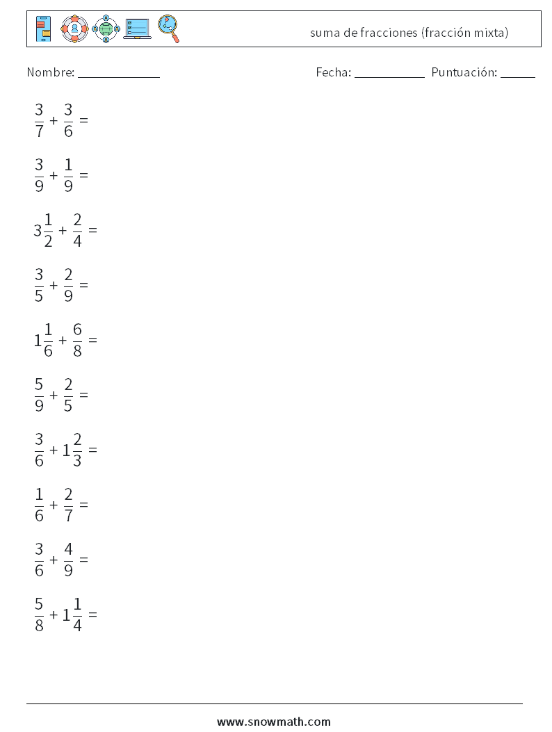 (10) suma de fracciones (fracción mixta) Hojas de trabajo de matemáticas 12