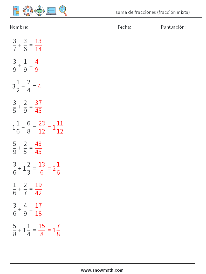 (10) suma de fracciones (fracción mixta) Hojas de trabajo de matemáticas 12 Pregunta, respuesta