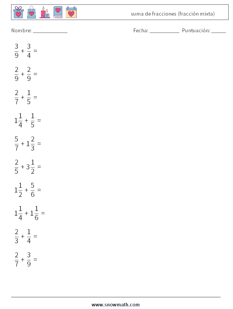 (10) suma de fracciones (fracción mixta) Hojas de trabajo de matemáticas 13