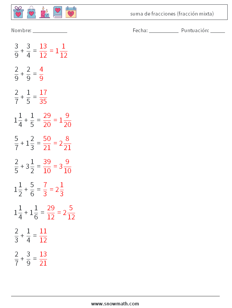(10) suma de fracciones (fracción mixta) Hojas de trabajo de matemáticas 13 Pregunta, respuesta
