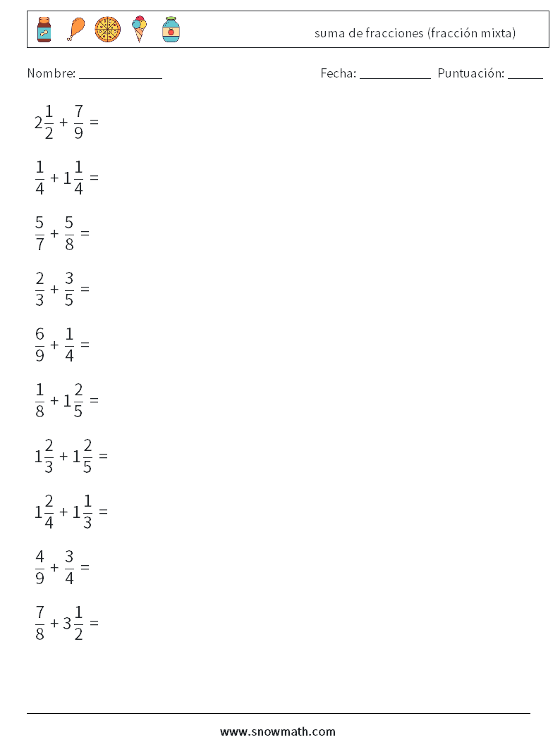 (10) suma de fracciones (fracción mixta) Hojas de trabajo de matemáticas 15