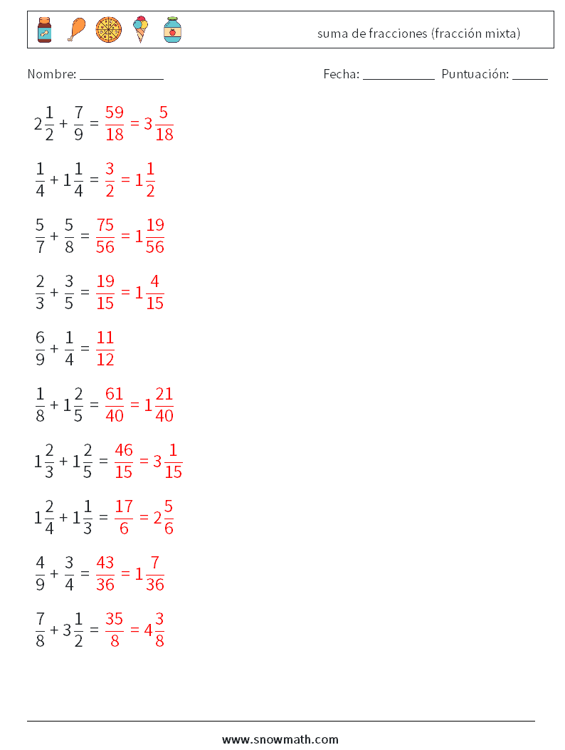 (10) suma de fracciones (fracción mixta) Hojas de trabajo de matemáticas 15 Pregunta, respuesta