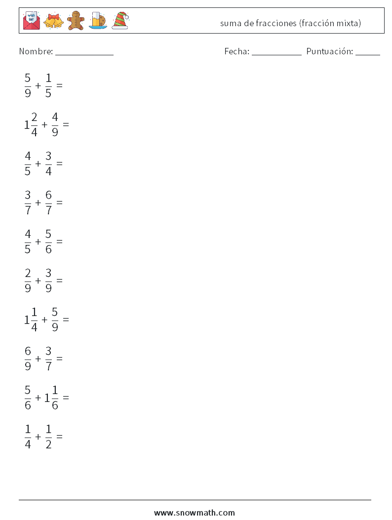 (10) suma de fracciones (fracción mixta) Hojas de trabajo de matemáticas 16