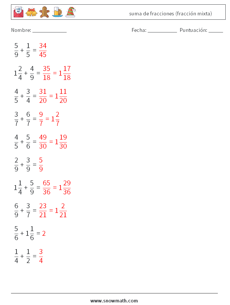 (10) suma de fracciones (fracción mixta) Hojas de trabajo de matemáticas 16 Pregunta, respuesta