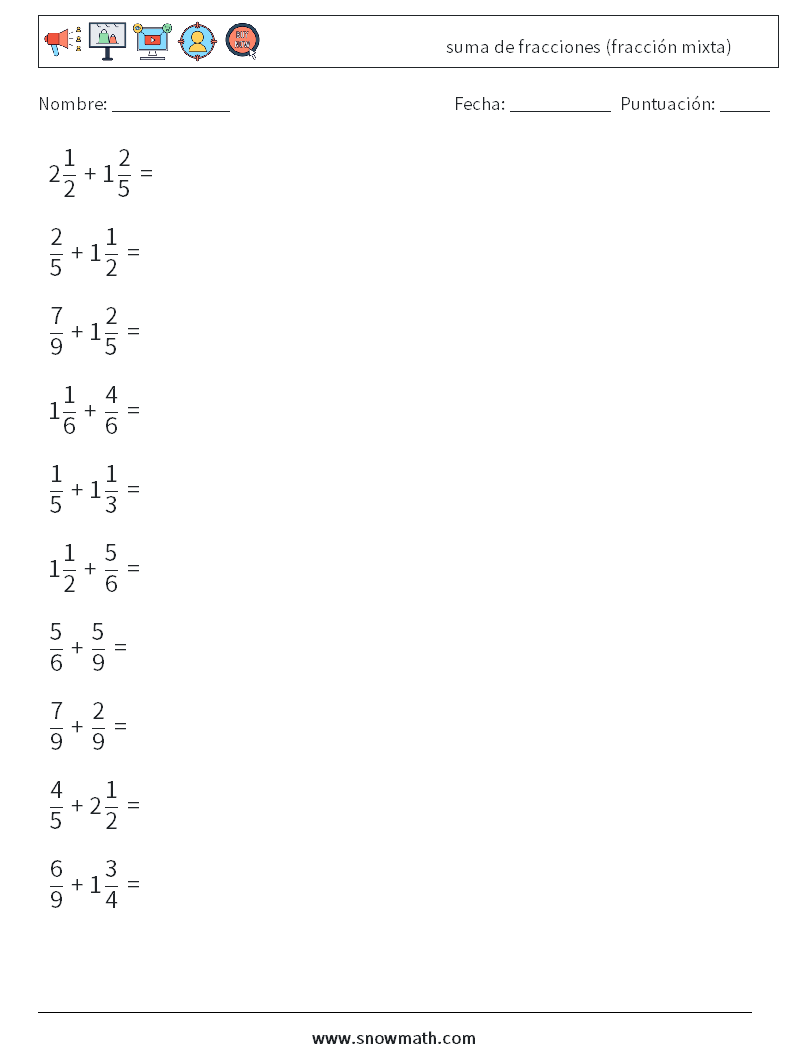 (10) suma de fracciones (fracción mixta) Hojas de trabajo de matemáticas 17