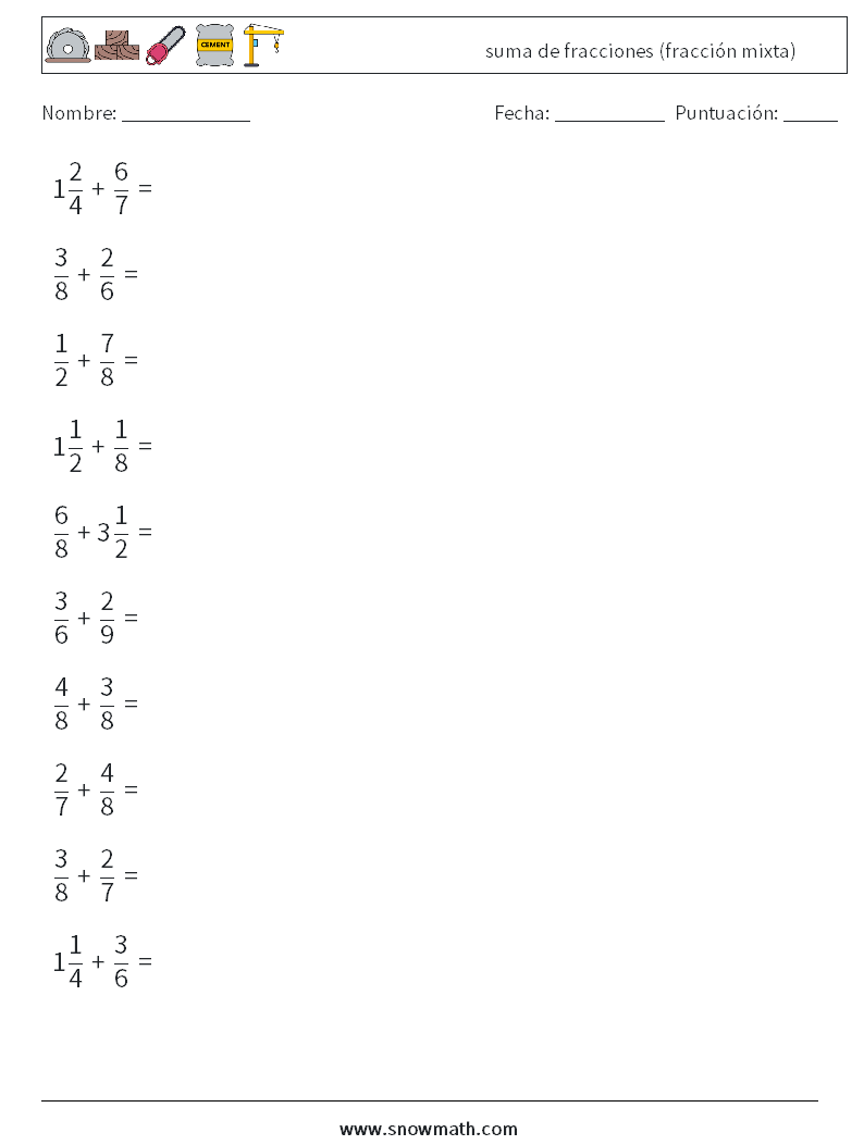 (10) suma de fracciones (fracción mixta) Hojas de trabajo de matemáticas 18