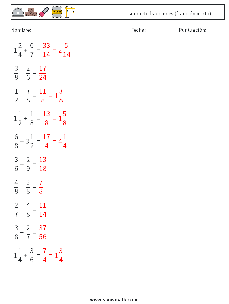 (10) suma de fracciones (fracción mixta) Hojas de trabajo de matemáticas 18 Pregunta, respuesta