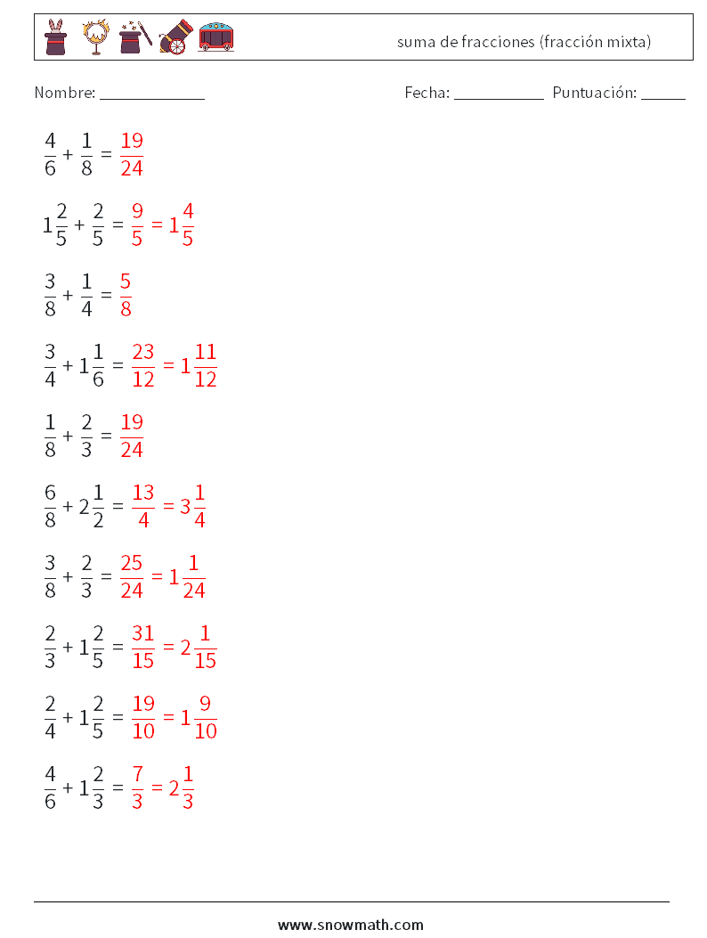 (10) suma de fracciones (fracción mixta) Hojas de trabajo de matemáticas 1 Pregunta, respuesta