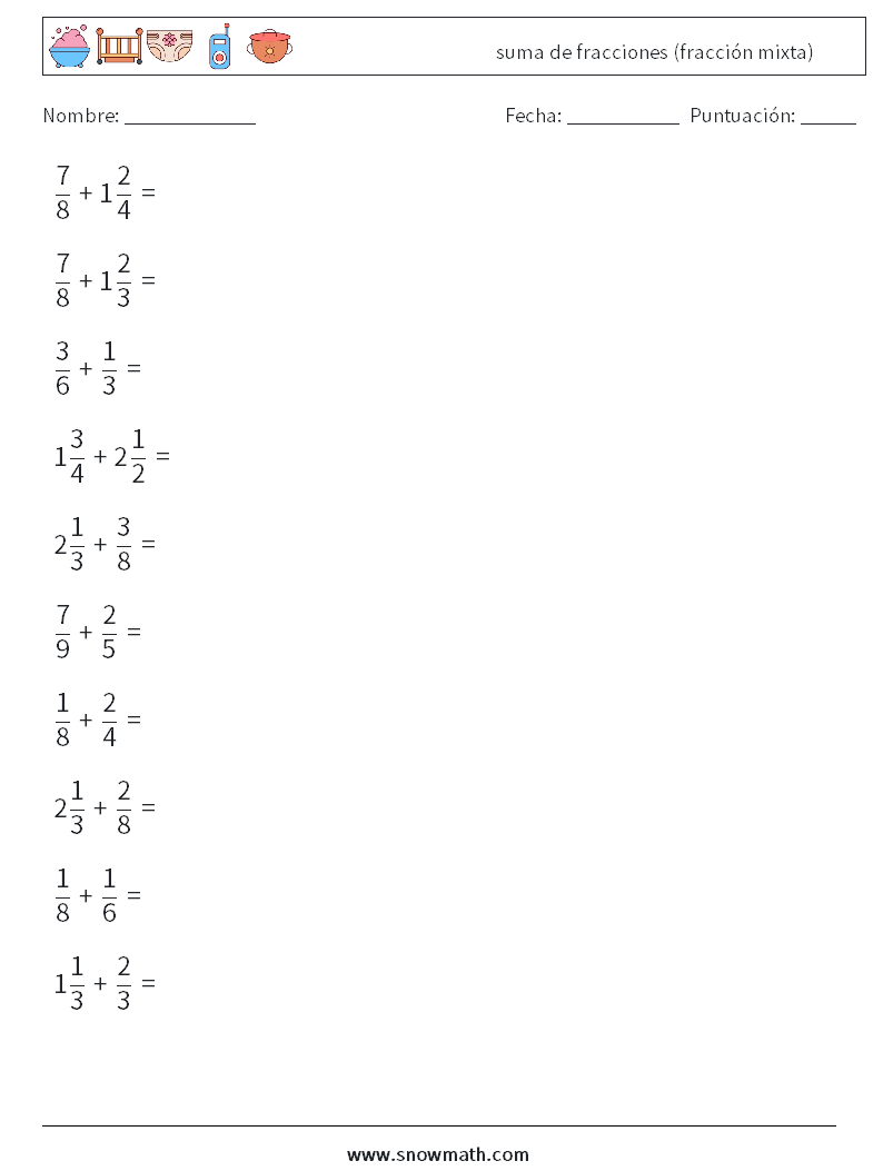 (10) suma de fracciones (fracción mixta) Hojas de trabajo de matemáticas 2