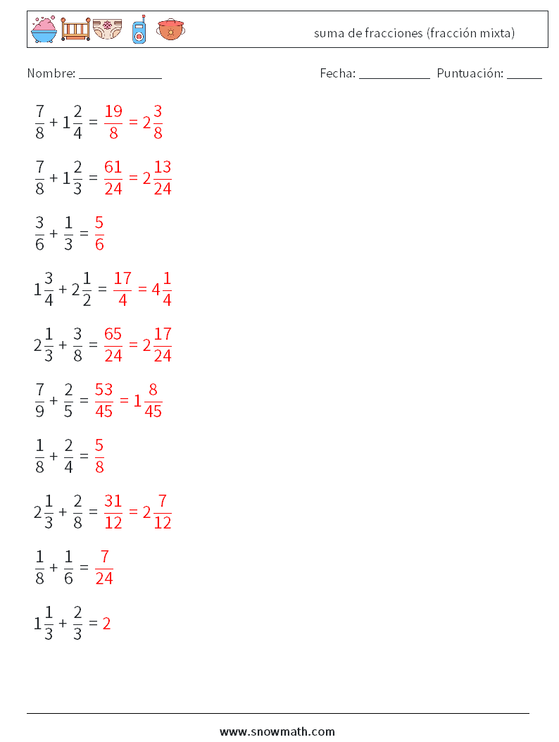 (10) suma de fracciones (fracción mixta) Hojas de trabajo de matemáticas 2 Pregunta, respuesta