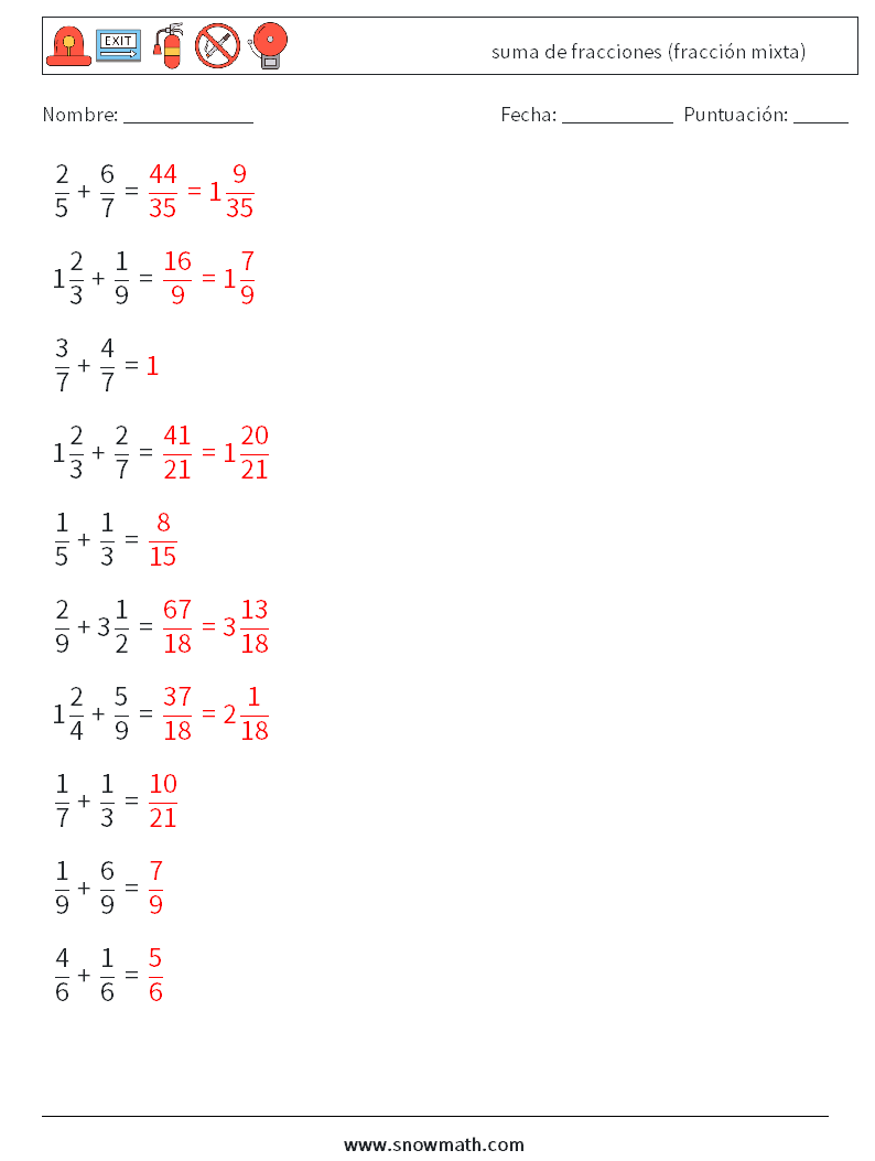 (10) suma de fracciones (fracción mixta) Hojas de trabajo de matemáticas 3 Pregunta, respuesta
