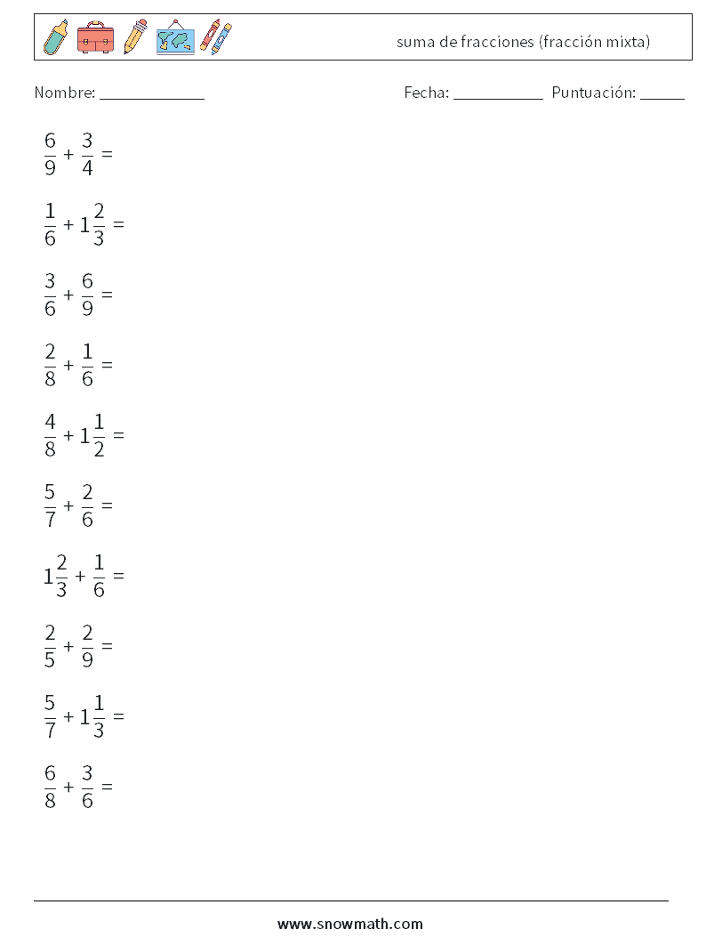 (10) suma de fracciones (fracción mixta) Hojas de trabajo de matemáticas 4